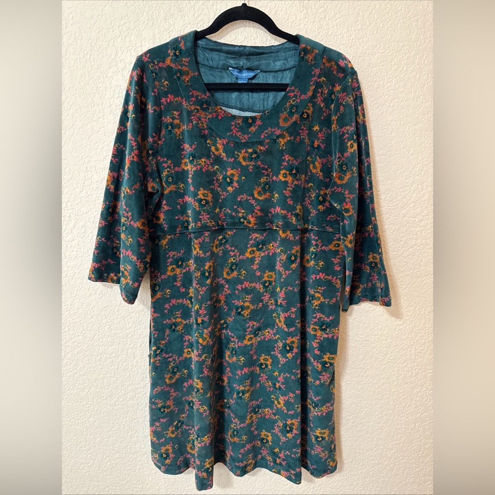 Vintage April Cornell Velvet Midi Dress 3/4‎ Sleeve Green Floral Sz L Pockets